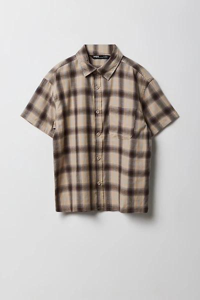 Boys Poplin Plaid Boxy Collared Short Sleeve Top