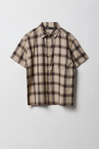 Boys Poplin Plaid Boxy Collared Short Sleeve Top