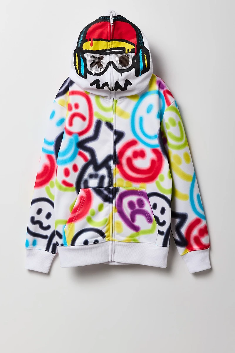 Kids Smiley Graffiti Print Full Zip Hoodie