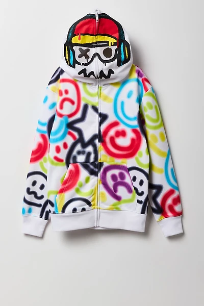 Kids Smiley Graffiti Print Full Zip Hoodie