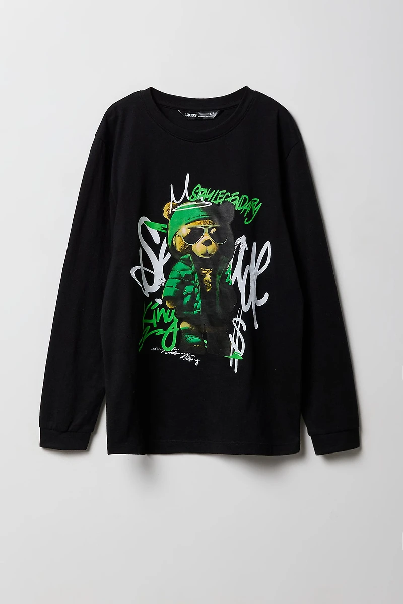 Boys Bear Graffiti Graphic Long Sleeve Top