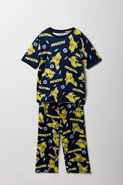 Kids Pikachu Print T-Shirt & Plush Pant Pajama Set