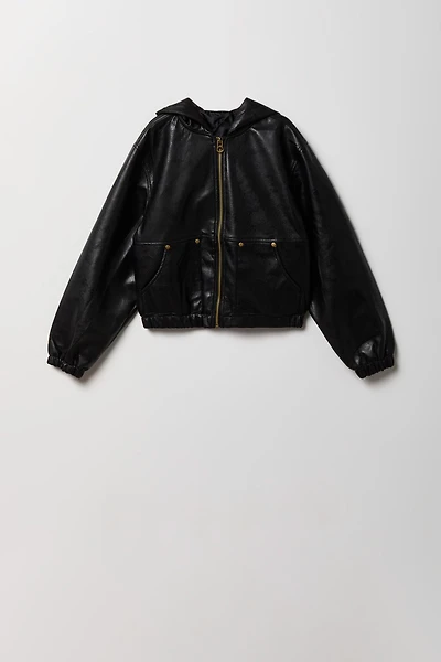 Blouson aviateur à caputhon en similicuir pour garçon