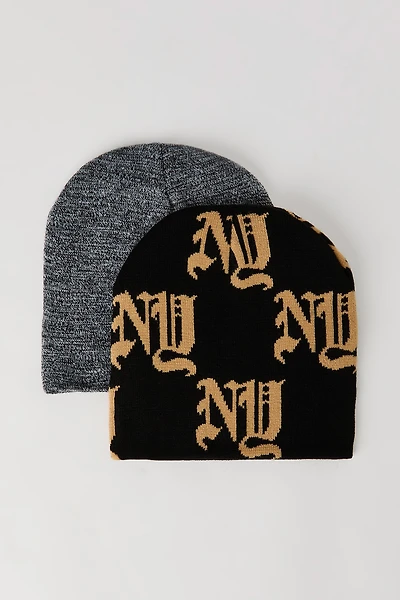 Boys Jacquard Knit & Solid Beanie (2 Pack)