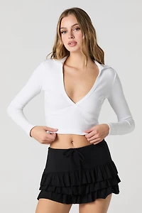 Ribbed Collared Cropped Long Sleeve Top