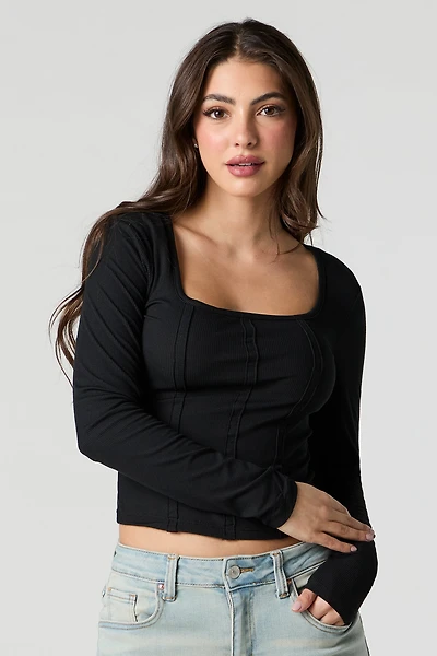 Ribbed Square Neck Long Sleeve Top