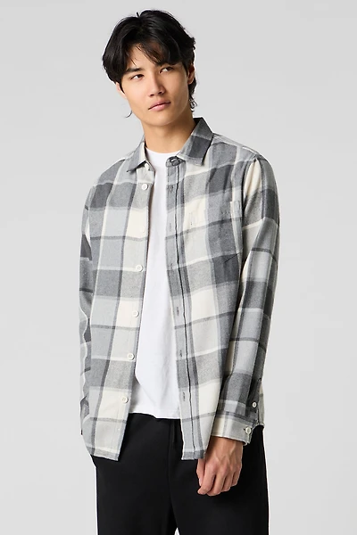 Brown Plaid Long Sleeve Button-Up Top