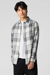 Brown Plaid Long Sleeve Button-Up Top