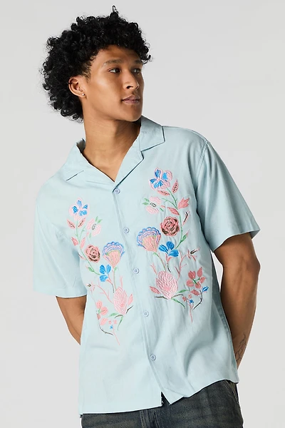 Haut boutonné en mélange de lin à broderie florale