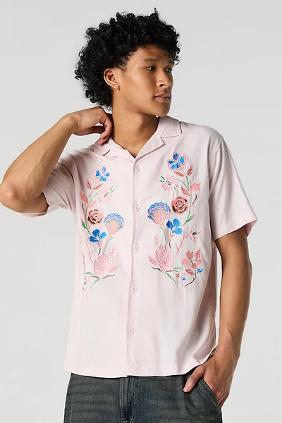 Haut boutonné en mélange de lin à broderie florale