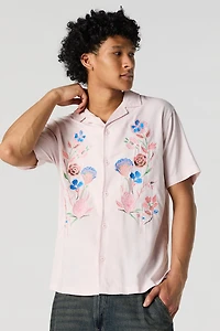 Haut boutonné en mélange de lin à broderie florale