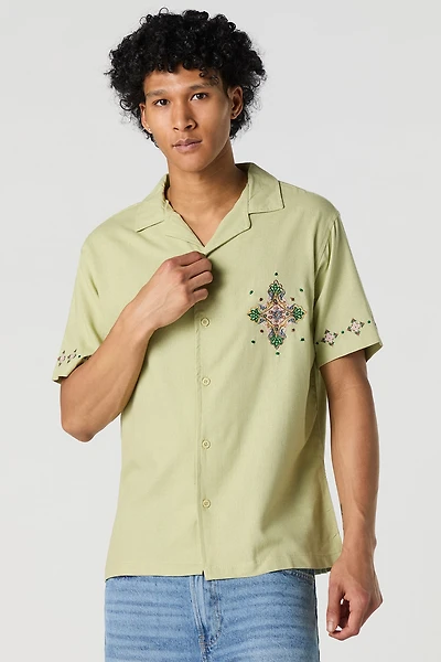Linen-Blend Embroidered Button-Up Top