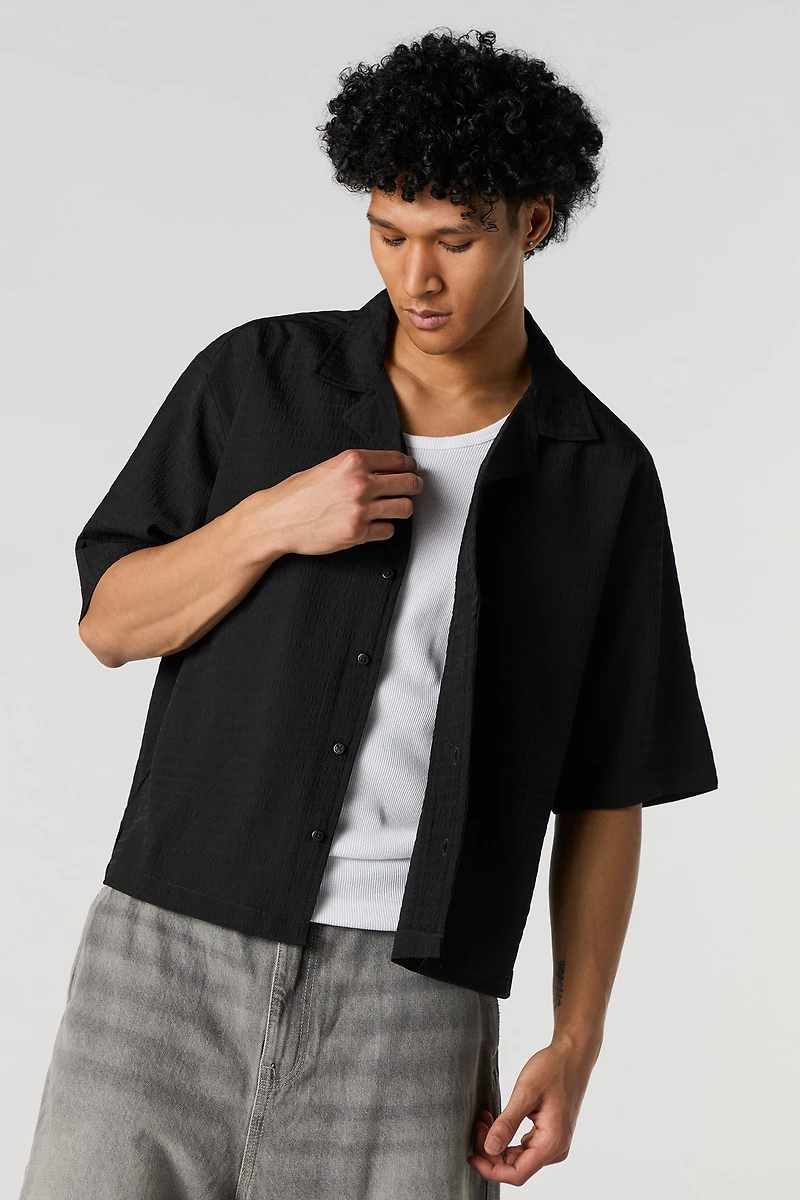 Textured Short Sleeve Button-Up Top