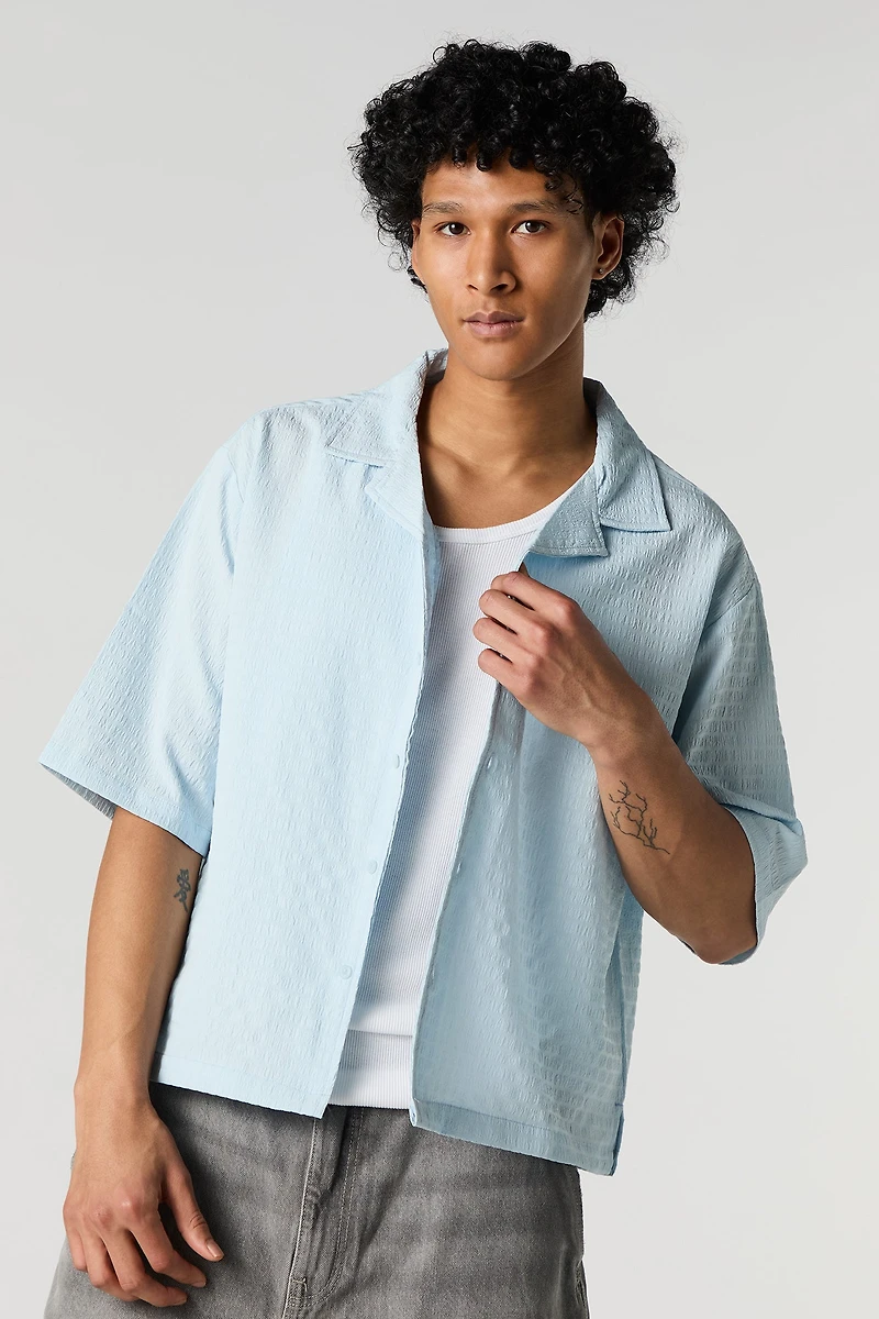 Textured Short Sleeve Button-Up Top