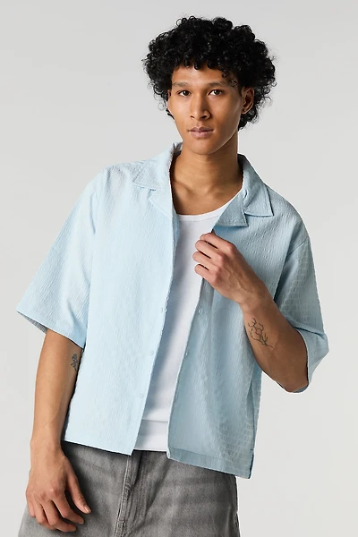 Textured Short Sleeve Button-Up Top