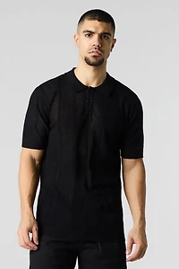 Textured Open Knit Polo T-Shirt