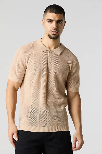 Textured Open Knit Polo T-Shirt