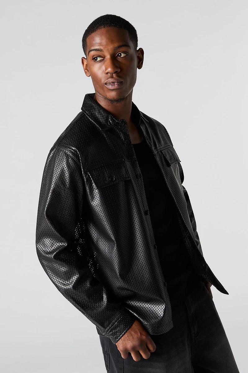 Perforated Faux Leather Button-Up Top
