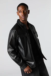 Perforated Faux Leather Button-Up Top