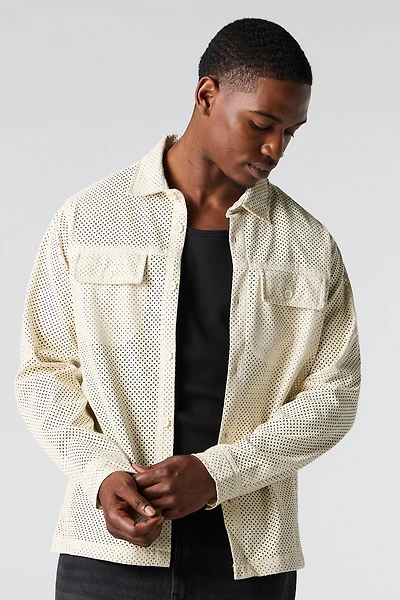 Perforated Faux Leather Button-Up Top