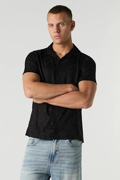 Diamond Open Knit Button-Up Top