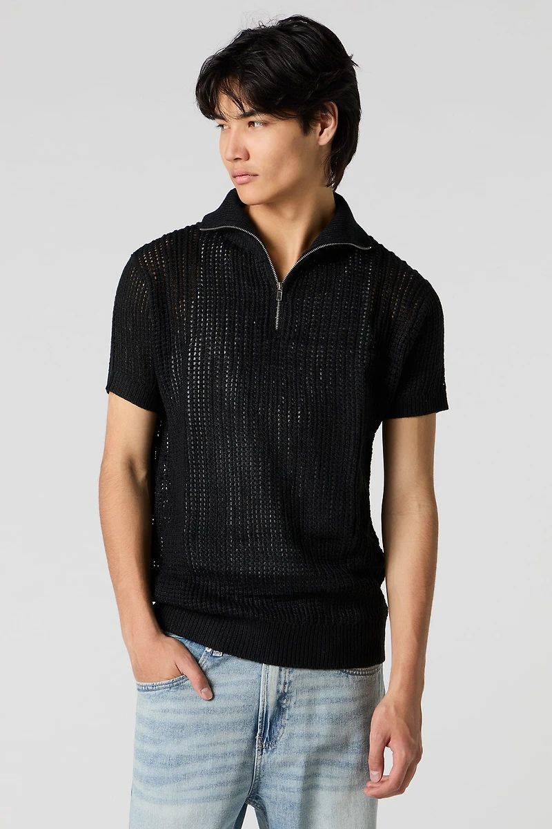 Open Knit Zip Polo