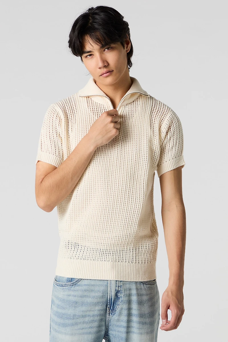 Open Knit Zip Polo