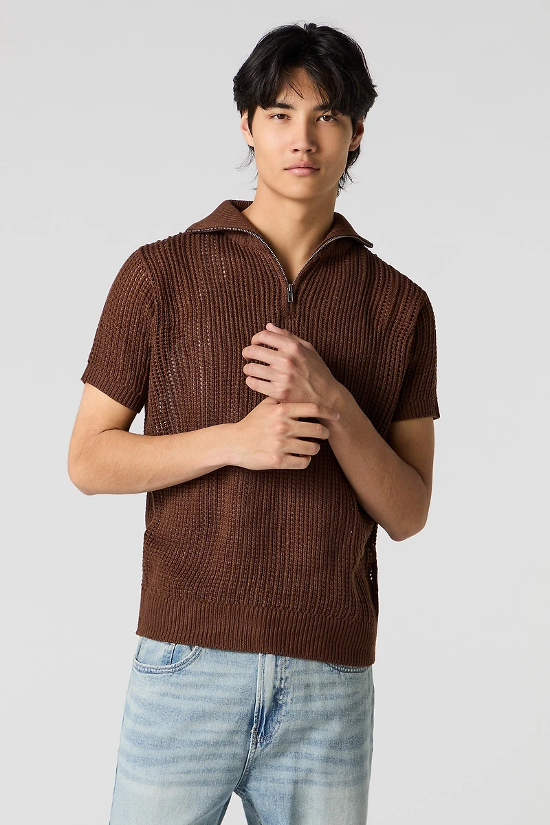 Open Knit Zip Polo