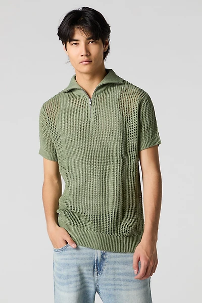 Open Knit Zip Polo