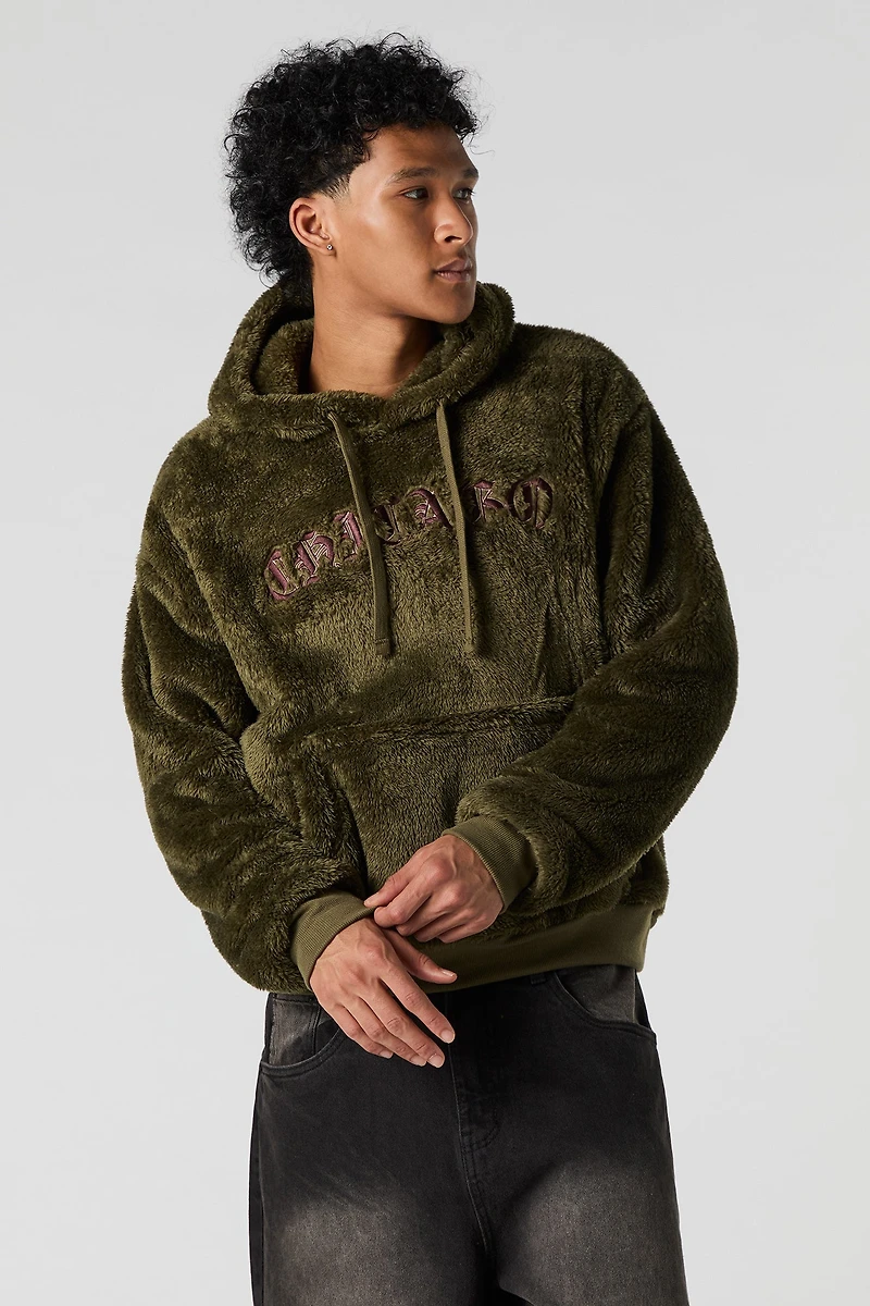 Destination Embroidered Faux Fur Hoodie
