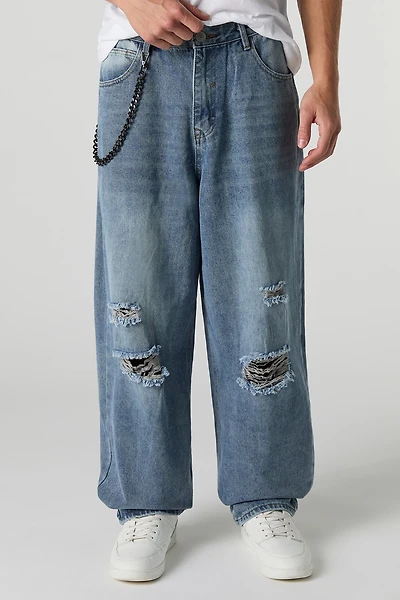 Jean baggy à effet d'usure avec chaîne