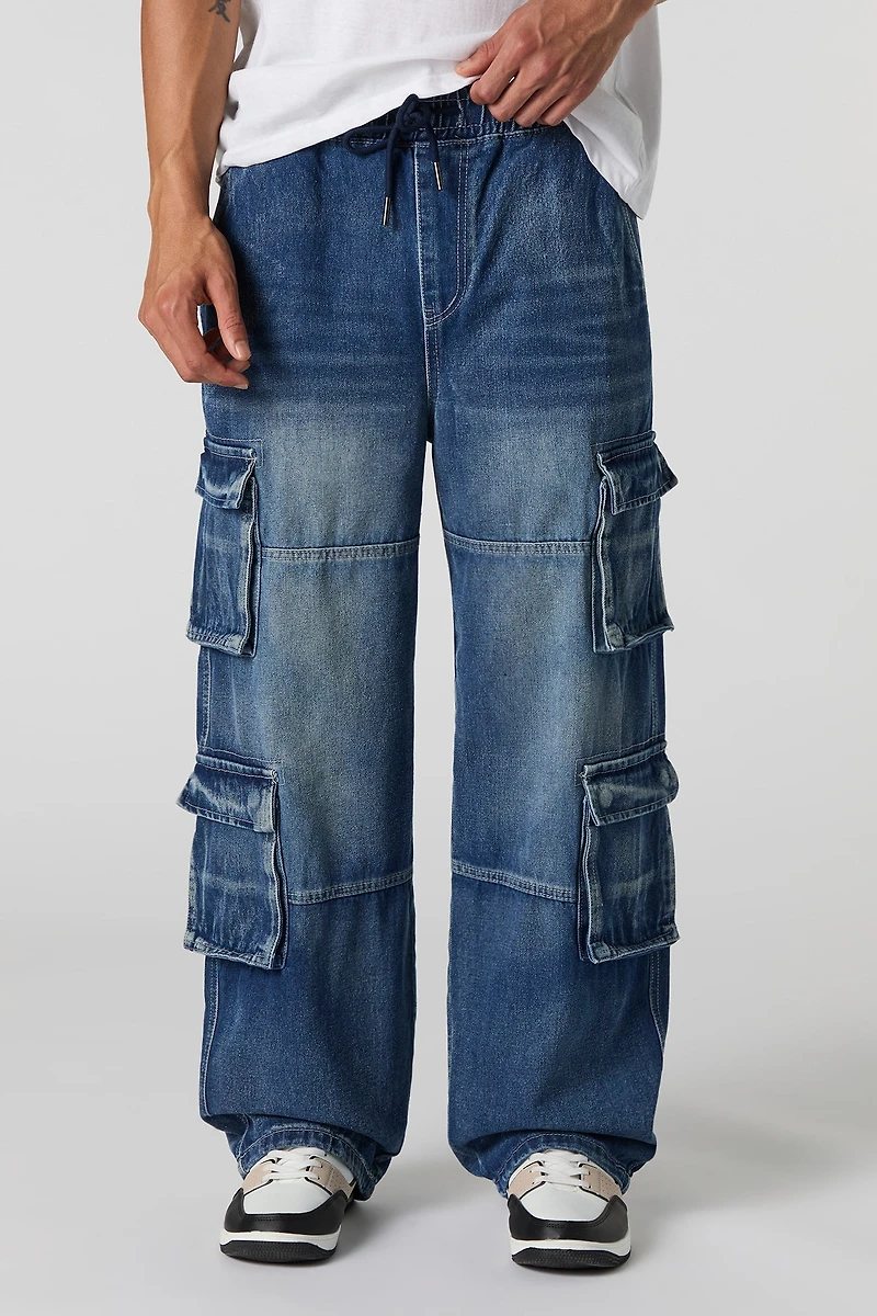 Jean cargo à jambe large avec taille coulissante