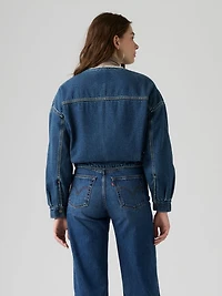 Collarless Cropped Sherpa Trucker Jacket