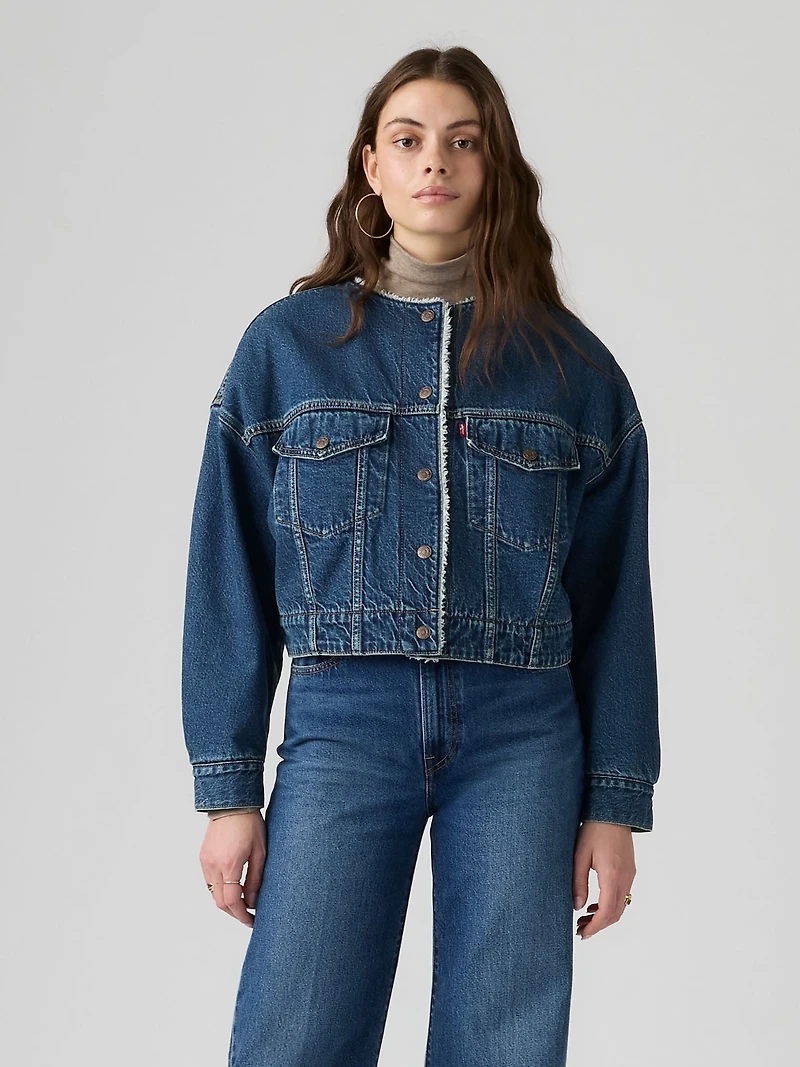 Collarless Cropped Sherpa Trucker Jacket