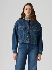 Collarless Cropped Sherpa Trucker Jacket