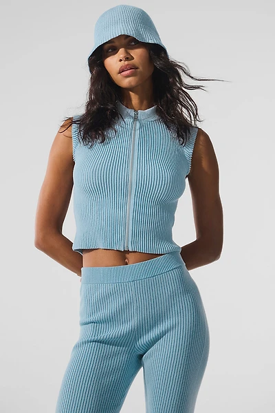 Denim Knit Sleeveless Full Zip Top - Celestial Blue/Dark Blue