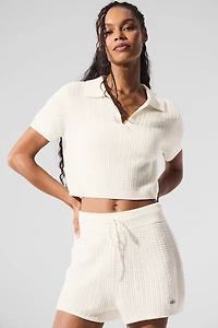 Cashmere Plush Waffle Polo Tee - Ivory