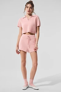 Cashmere Plush Waffle Polo Tee - Pink Quartz