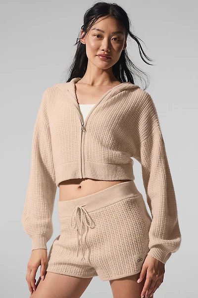 Cashmere Plush Waffle Full Zip Hoodie - Macadamia Blush