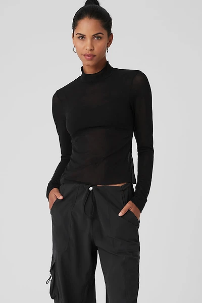Mesh Sheer Illusion Mock Neck Long Sleeve
