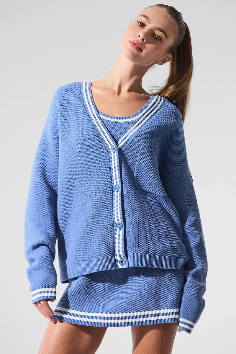 Tennis Club Sweater Knit Cardigan - Crystal Clear Blue/White