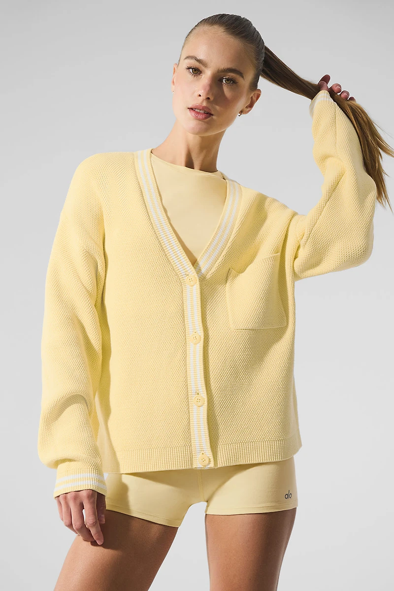 Tennis Club Sweater Knit Cardigan - Warm Butter/White
