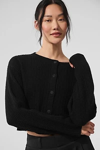 Cashmere Plush Waffle Cardigan - Black