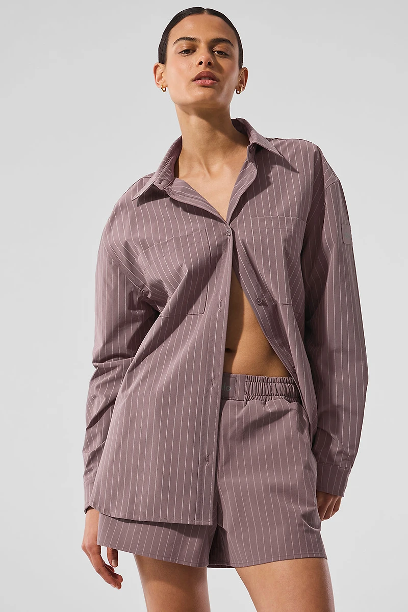 Pinstripe Daylight Button Down Long Sleeve - Mushroom/Ivory
