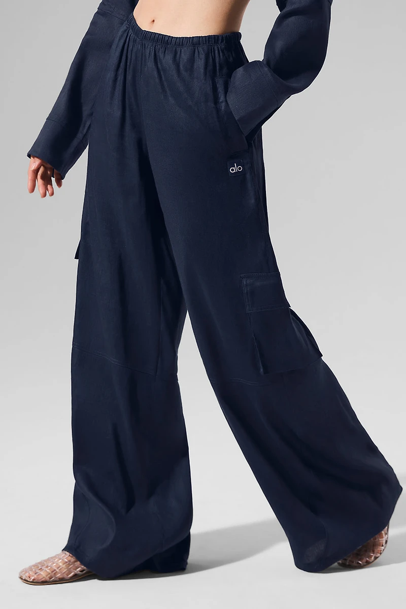 Linen Getaway Cargo Wide Leg Pant - Navy