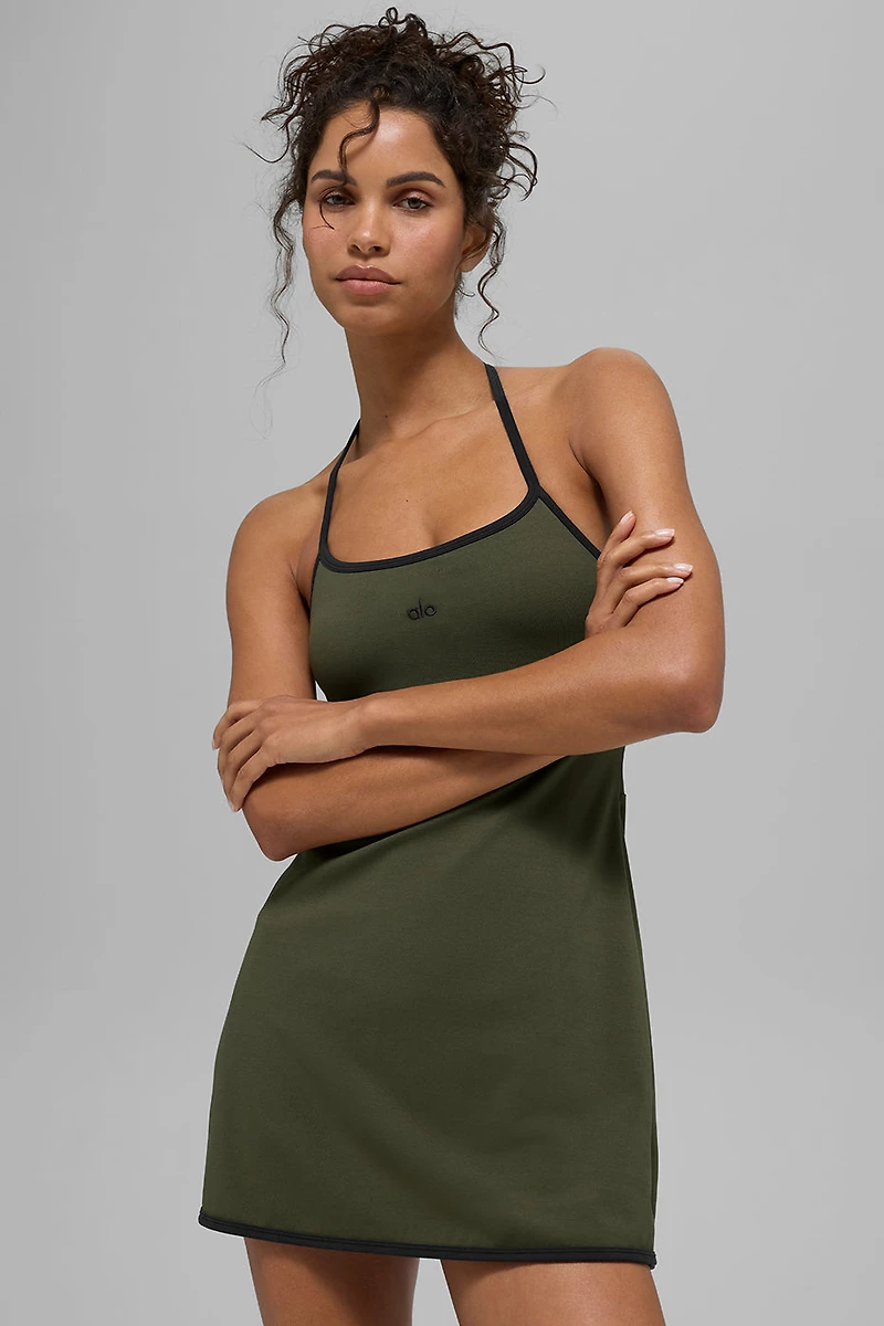 ALO Softsculpt Halter Tennis Dress - Green Olive/Black