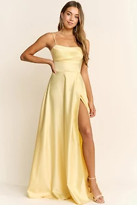 High Leg Slit A Line Satin Maxi Dress