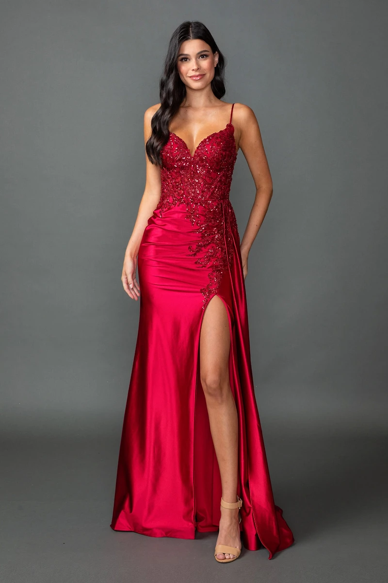 Sequin Applique Bodice Prom Dress with Spaghetti Straps