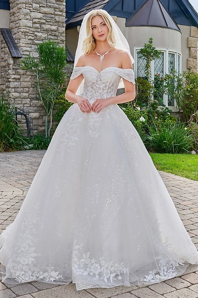 Double Fold Over Off-Shoulder Strap V-Neckline Ball Gown Wedding Dress
