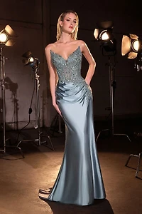 flattering ruched hip detail, floor-length hem with light flare